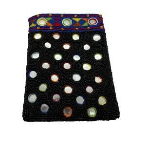 Vintage Cache Beaded Coin Purse Lined‎ Zipper Pouch Black Aztec Print Mirrors